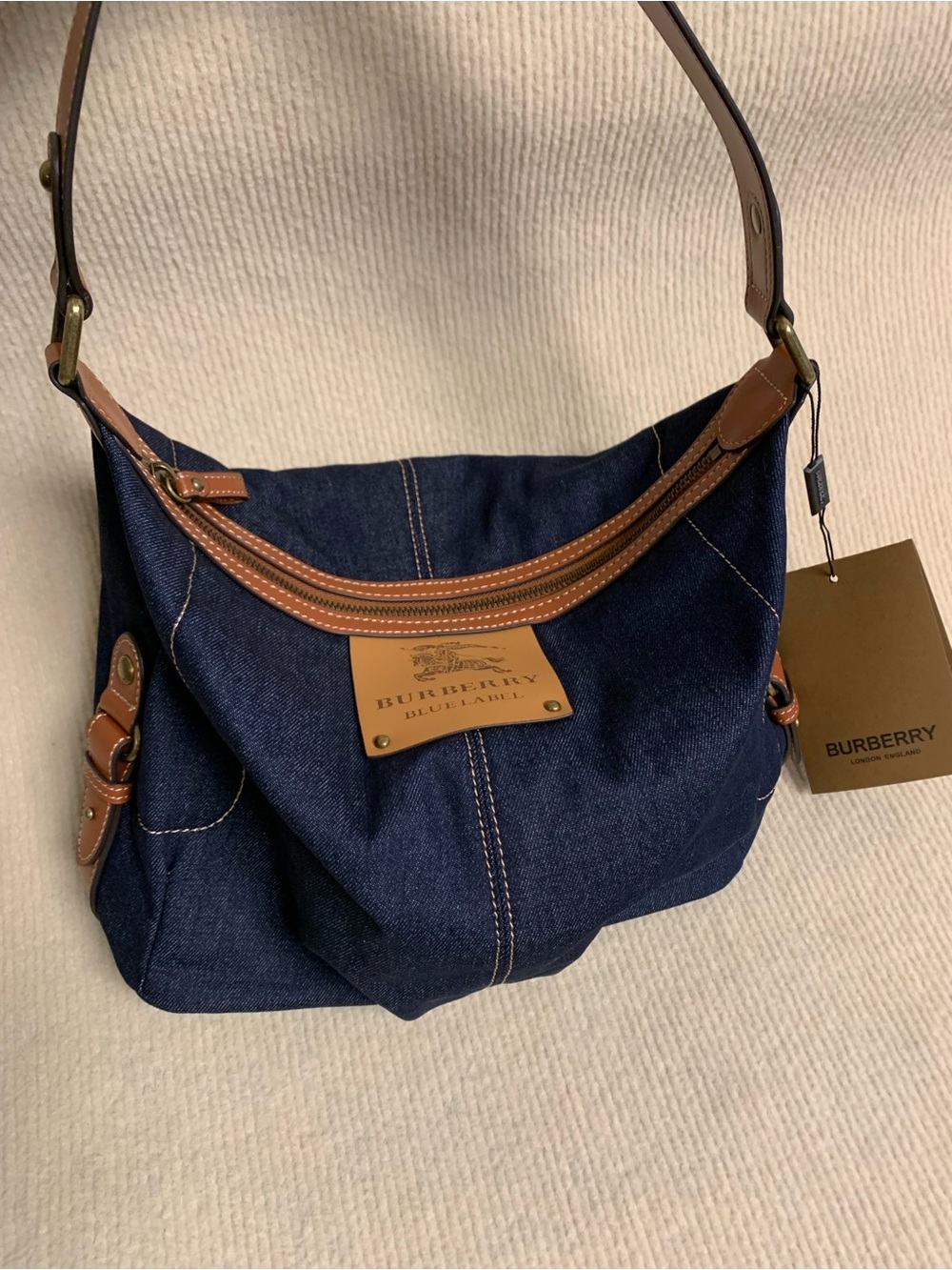 Burberry Blue Label Indigo Denim Shoulder Bag with Brown Leather Trim